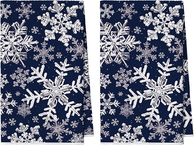 Artoid Mode Blue Snowflakes Winter Bar Kitchen Towels, 12x24 Inch Quick Dry Microfiber Cloth Dish Towels for Kitchen Drying Set of 2