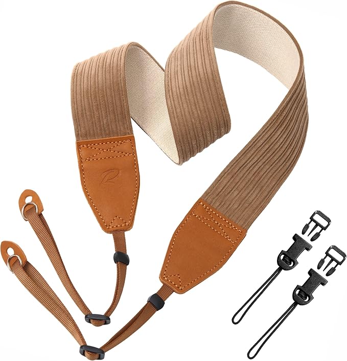 Padwa Lifestyle Camel Corduroy Camera Strap - 2" Double Layer Full Grain Cowhide Leather Head Camera Straps for Photographers, Unique Soft Corduroy Fabric with Quick Release fits all Cameras