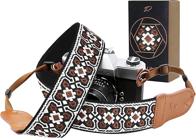 Padwa Lifestyle Brown Flower Camera Strap - 2" Cowhide Leather Head Cotton Camera Straps for Photographers,Vintage Jacquard Embroidery Adjustable Neck & Shoulder Strap for ALL DSLR/SLR Cameras