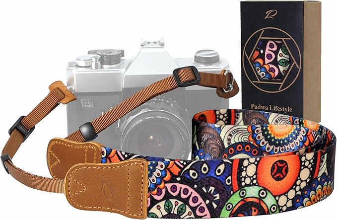 Padwa Lifestyle Camera Strap - 1.5" Soft Nylon Print Crazy Horse Cowhide Head Camera Straps for Photographers and All Cameras,Cute Adjustable Vintage Woven Strap for Adults & Kids(Bohemian Bloom)