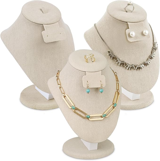 MOOCA 3 Pcs Set Tan Linen Combination Display Jewelry Stand Bust for Necklaces, Earrings, Rings, Jewelry Display For Vendors