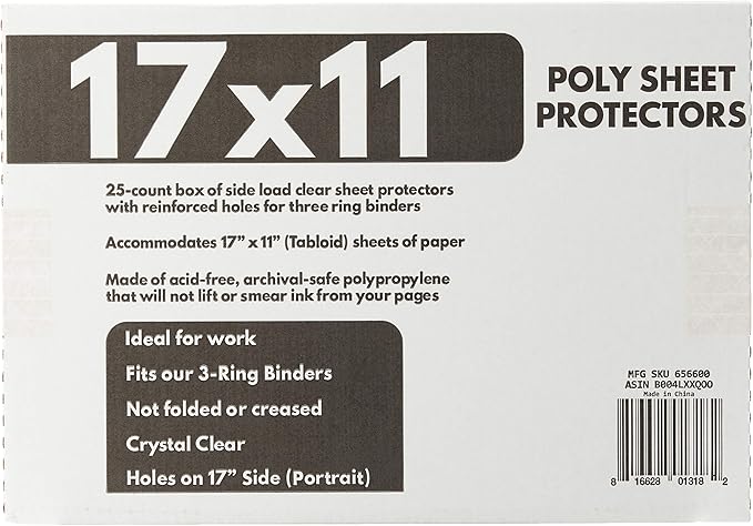 Ruby Paulina 17x11 Sheet Protectors Side Loading with 3-Holes 25 Sleeves Durable Archival Safe Crystal Clear