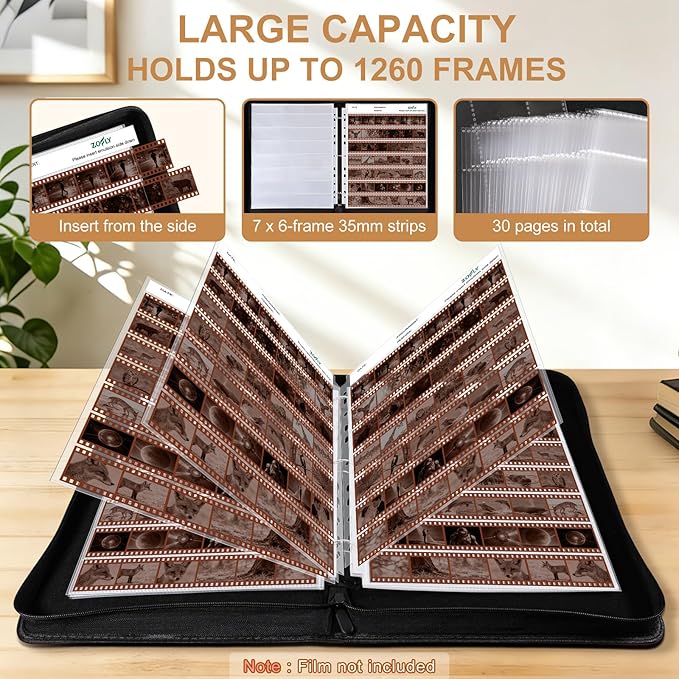 35mm Film Negative Storage Binder Album Kit - 30 Acid-Free Clear Negative Sleeves, PU Leather Storage Binder Case for Camera 135/35mm Film Negatives, Negative Page Preservers, Up to 1260 Frames, Brown