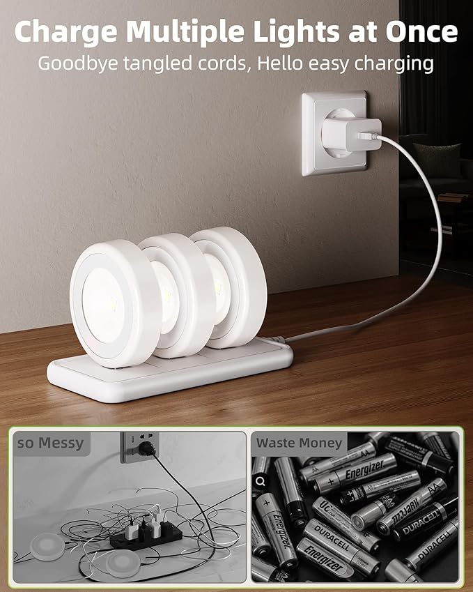 EZVALO LED Puck Lights with Charging Station, Rechargeable Sitck On Tap Lights, Wireless Closet Light, 3 Color Temps, Under Cabinet Lights, 2.5'' Mini Touch Light for Kitchen,Pantry,Shelves(6 Pack)