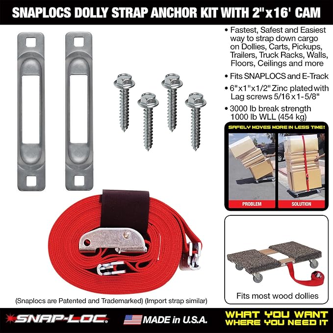 SNAPLOCS Dolly Strap Anchor KIT with 2" x16' CAM for Wood Dollies