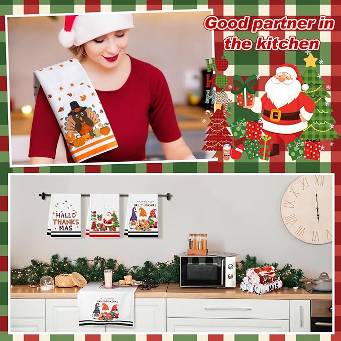 Preboun 6 Pcs Holiday Kitchen Towels Halloween Thanksgiving Christmas Hand Towels Hallothanksmas Bathroom Cloth Decorative Colorful Cute Gifts Dish Cloth Farmhouse Kitchen Accessories Decor