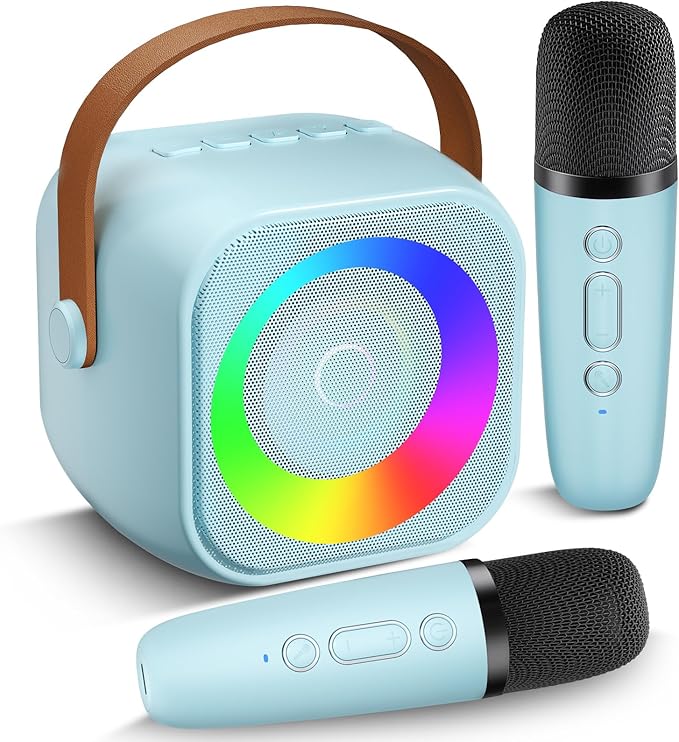 Mini Karaoke Machine, Portable Bluetooth Speaker with 2 Wireless Microphones for Kids & Adults, Karaoke Microphone with LED Lights, Gifts for Girls & Boys_Blue