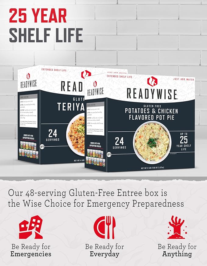 ReadyWise Emergency Food Supply - 48 Servings Gluten Free Entrées, 2 Boxes, Freeze Dried Survival Prepper Food & Dehydrated Meals, Camping Essentials for Backpacking, up to 25 Year Shelf Life