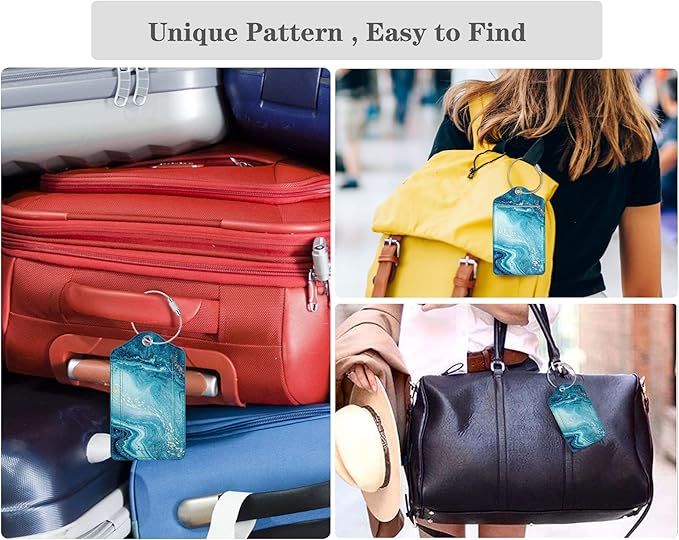 (Set of 2) Luggage Tag Leather Privacy Cover ID Label Address Card with Stainless Steel Loop, Travel Bag Tags Suitcase Labels, Flowing Blue