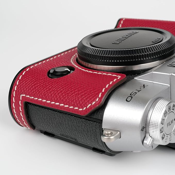 Handmade Genuine Leather Camera Half Case for Fujifilm X-T50/Fujifilm X-T50 Camera Case/Fujifilm X-T50 Case - Top Layer Cowhide Body + Metal Base Plate (China Red)