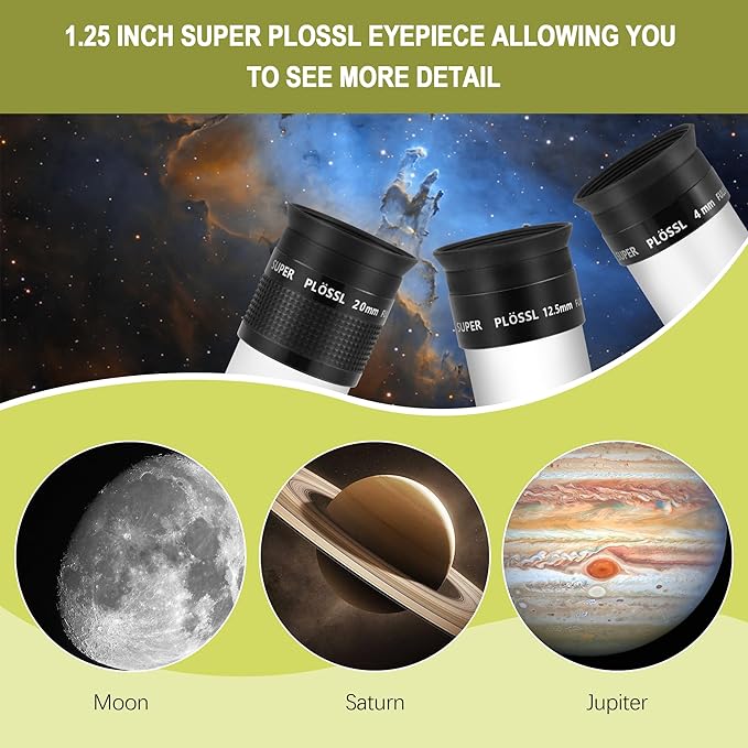 Astromania Telescope Accessory Kit with 1.25 Inch Telescope Eyepiece Set 4mm 12.5mm 20mm 52 Degree Super Plossl Eyepiece Lens and 1.25 Inch 2X Barlow Lens with T Thread Fully Multi Coated Metal