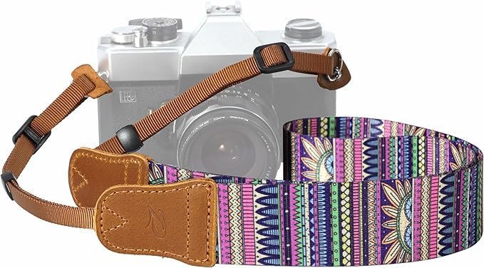 Padwa Lifestyle Camera Strap - 1.5" Soft Nylon Print Crazy Horse Cowhide Head Camera Straps for Photographers and All Cameras,Cute Adjustable Vintage Woven Strap for Adults & Kids(Bohemian Rhythm)