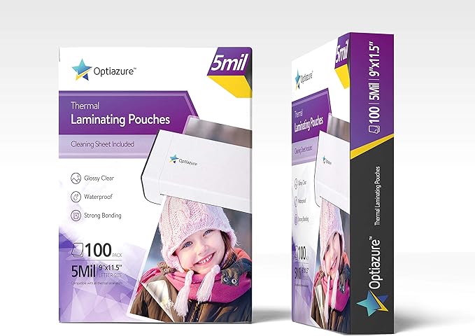 Optiazure Thermal Laminating Pouches 9"x11.5" Inches, 5mil 100Pack, Clear, Letter Size