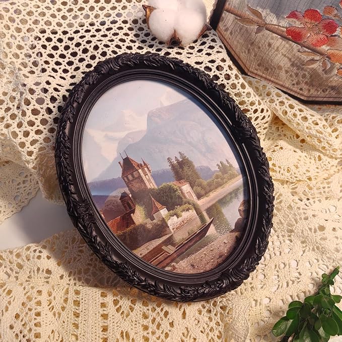 Vintage 5x7 Oval Picture Frame,Classic Ornamental Photo Frame Antique Frame with Intricate Carvings,Tabletop Display and Wall Mount,Real Glass Front,Old-Fashion (Black, 5x7)