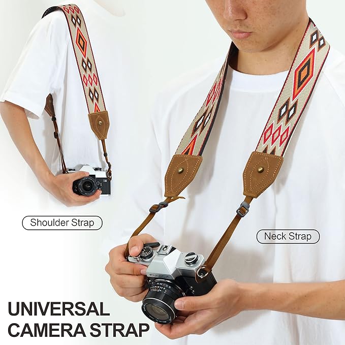 Padwa Lifestyle Camera Strap - Classic Crazy Horse Art Cowhide Leather Ends Camera Strap for Photographers, Unique 2" Vintage Embroidered Cotton Strap Adjustable for All DSLR Cameras(Red Rhombus)