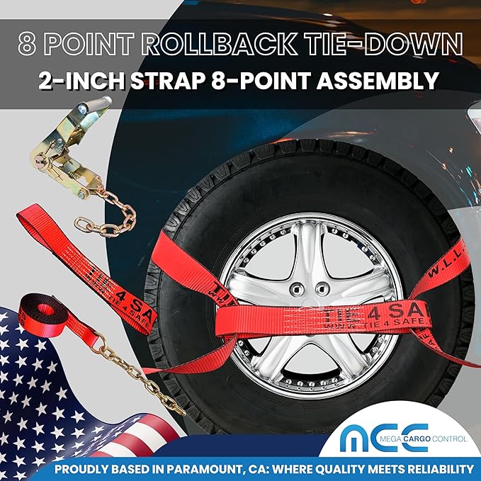Mega Cargo Control 8 Point Vehicle Tie Down Kit with Ratchet Chain Extensions on Both Ends, Car Hauler Carrier Tow Truck - Set of 4 - Red