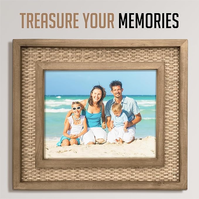 Rattan Picture Frame for 8x10 Photos – Natural Fir Wood with Woven Rattan Mat, Boho Coastal Decorative Frame, Vertical/Horizontal Display, Tabletop or Wall Mount (12.5" x 14.5" Outer Size)
