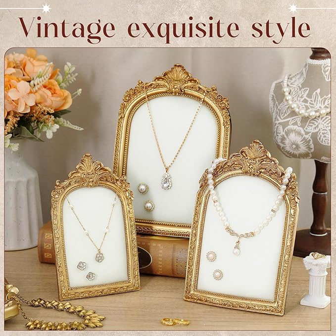 3 Pcs Gold Jewelry Display Stands Vintage Jewelry Holder Baroque Necklace Organizer Earring Tray Frame Resin Photography Props with Velvet Backing Gifts for Women