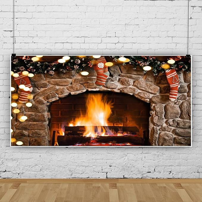 CSFOTO 20x10ft Vintage Brown Brick Wall Burning Fireplace Background Gold Glitter Sequins Country Farm Christmas Living Room Decoration Background Winter House Photo Studio Props