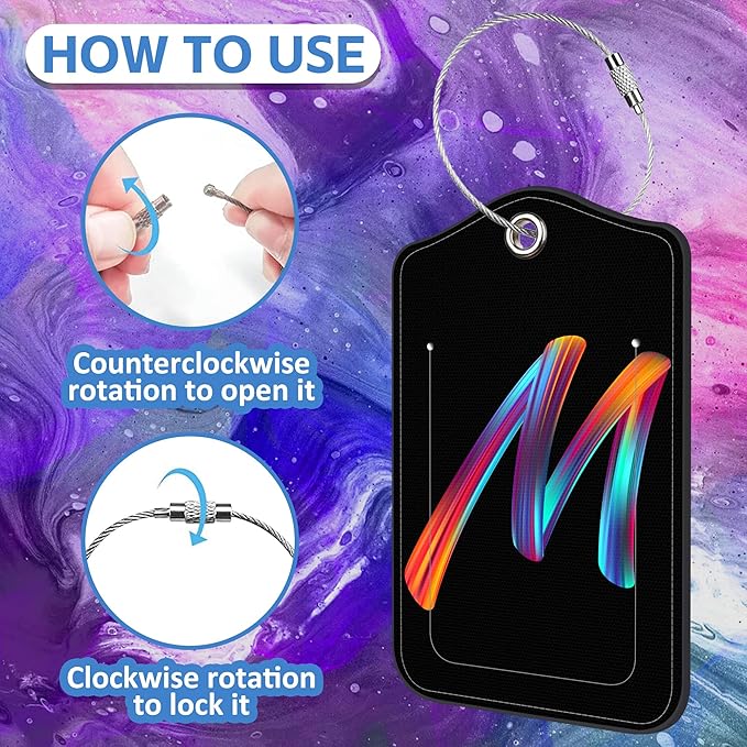Luggage Tags for Suitcase,2 Pack Neon Colorful Letters Luggage Tags,Leather Baggage Tags Identifiers with Privacy Name Address Labels and Metal Loop for Women Men Girls Travel,Letter M