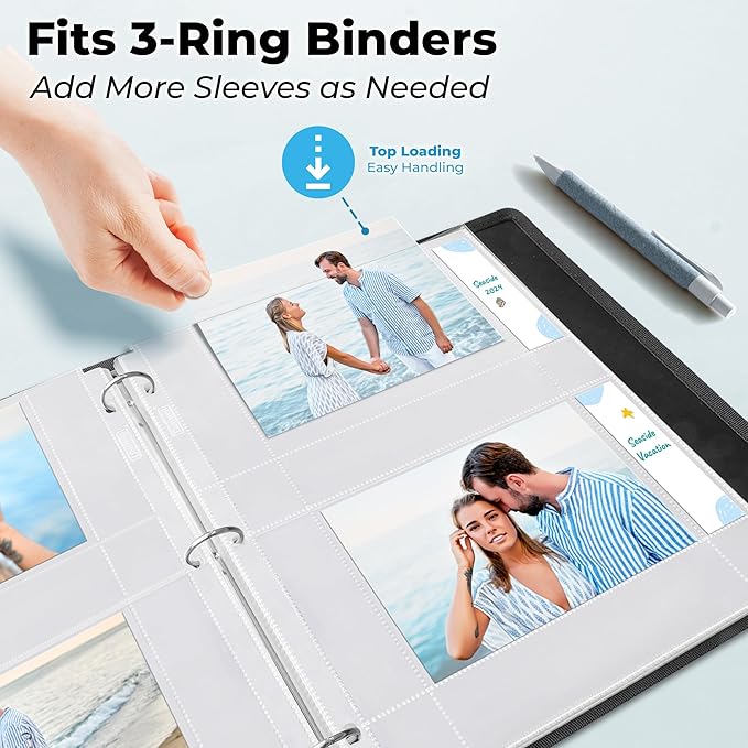 Dunwell 4x6 Photo Sleeves for 3-Ring Binder, (Horizontal, 25 Pack) for 100 Pictures, Each Sheet Holds Four 4 x 6 Pictures or Postcards, Acid-Free Poly Photo Album Refill Pages