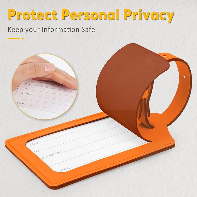 Travelambo 8 Pack Luggage Tags Faux Leather for Suitcases Travel Bag Labels Travel Accessories Essential with Protection Cover ID (Orange)