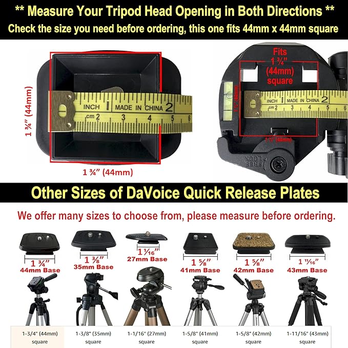 DaVoice 44mm Tripod Quick Release Plate Camera Mounting Adapter Parts Replacement for Certain Ambico, Velbon, Vista Explorer 60”, Sony, Sunpak, Ravelli Tripod Mount Attachment Baseplate QB-4W
