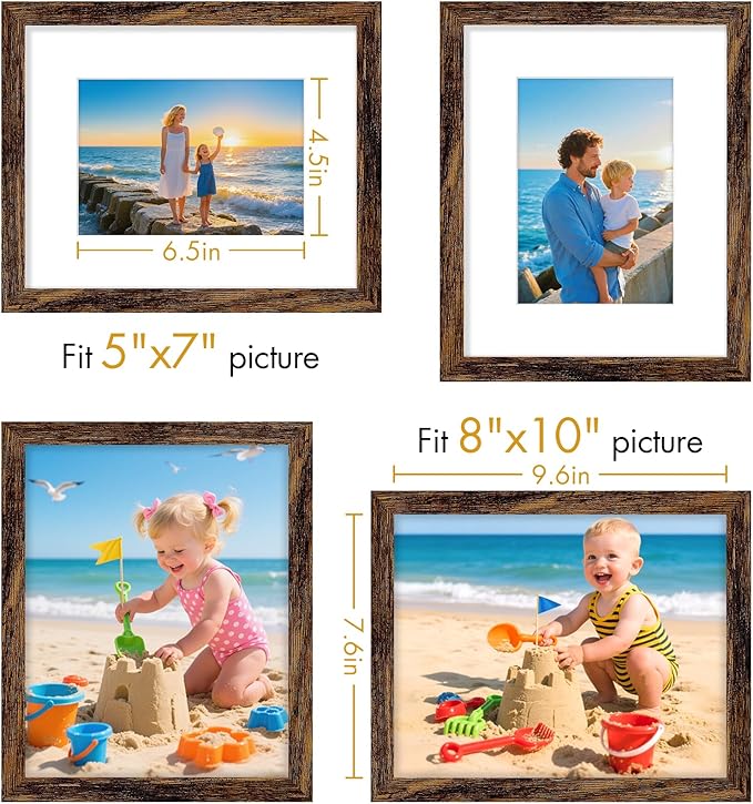 Vittanly 8x10 Picture Frame, Made of Solid Wood and Shatterproof Plexiglass, Display Pictures 5x7 with Mat or 8x10 without Mat, Wooden Photo Frame for Wall Mounting or Tabletop, Dark Brown, 1 Pack