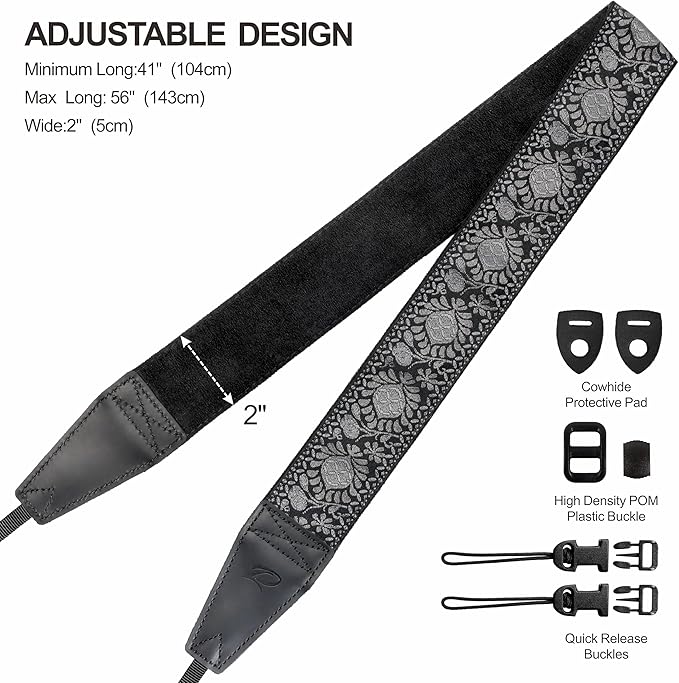 Padwa Lifestyle Camera Strap - 2" Full Grain Leather Ends Camera Straps for Photographers, Vintage Embroidered Cotton Weave Soft Suede Fabric Padded Strap Quick Release fits All Cameras
