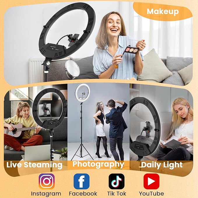 22" Large Ring Light with Stand, Upgraded Foldable LED Big Ringlight with 75" Tripod & Mini Tripod Wheel Tray for Live Tattoo Makeup Video Recording Barber Photography