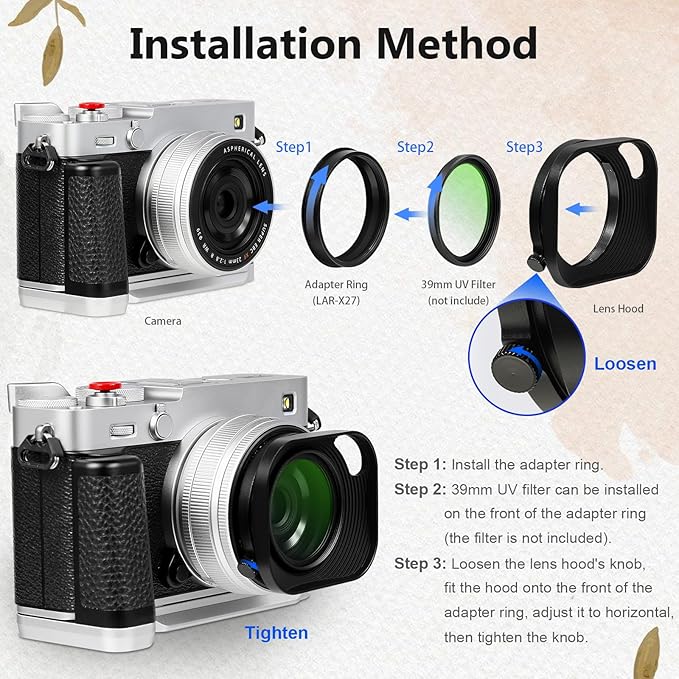 Haoge Lens Hood Metal Squaret for Fujifilm XE5 XF 23mm f2.8 Kit Fujinon XF27mmF2.8 R WR Lense Hood Black with 39mm E39 Filter Thread,Screw-in Lens Hood with Hollow Out Designed
