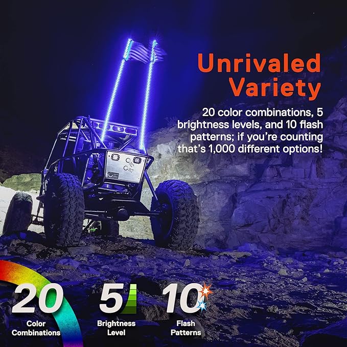 True Mods 2pc 2ft Spiral RGB LED Whip Light for UTV ATV [RF Wireless Remote] Flag Waterproof LED Lighted Whip CB Antenna Pole Stick for RZR Can-Am Polaris SxS 4x4 Quad Dune Buggy 4 Wheeler Accessories
