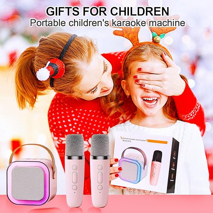 Karaoke Machine for Kids, Kids Karaoke Machine for Girls with 2 Wireless Microphones Mini Portable Bluetooth Speaker Kids Karaoke Machine Gifts for Girls and Boys Family Party (Pink)
