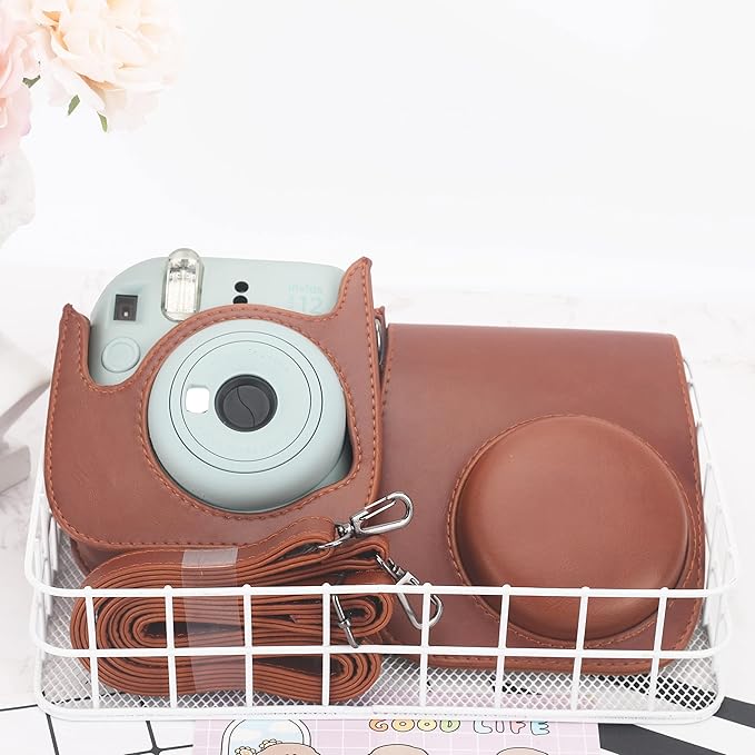 Frankmate Protective Case Compatible with Fujifilm Instax Mini 12 11 9 8 Instant Film Camera with Pocket and Adjustable Strap (Brown)