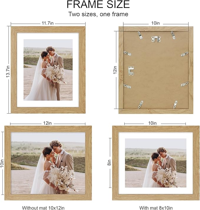 10x12 Picture Frame Set of 4, Made of Real Glass and Natural Oak Frame - Display Picture 8x10 with Mat or 10x12 Without Mat, 10 by 12 Photo for Wall Mounting