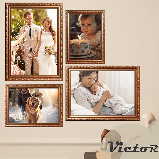 VictoR Picture Frame Chagall 11x14 Brown Gold-Picture Frame for Photos in Size 11x14 Inch - Vintage Design with Shatterproof Acrylic Glass - Antique - only for hanging