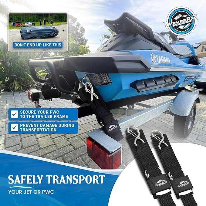 WavesRx Premium Boat & Jet Ski Trailer Transom Straps - Marine Tie Downs - Adjustable via Quick Release Buckle - Must Have Boating Accessories for Safe and Secure Transportation of Your Watercraft