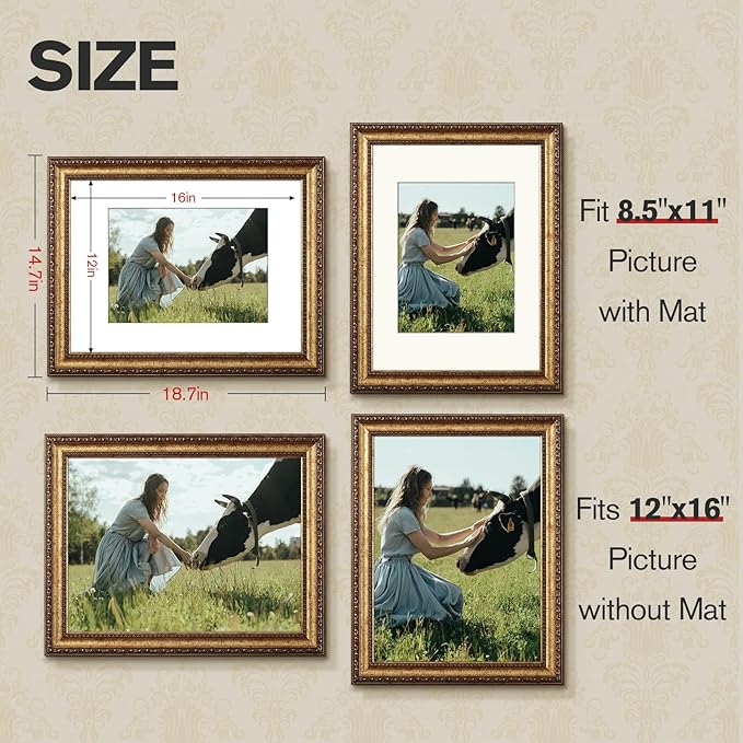 12x16 Gold Picture Frame, 2 Pack Ornate Vintage Picture Frames for Wall or Tabletop Display, 12x16 Photo Frame Gold with Real Glass, Display Poster 8.5x11 with Mat or 12 x 16 without Mat for Antique Déco