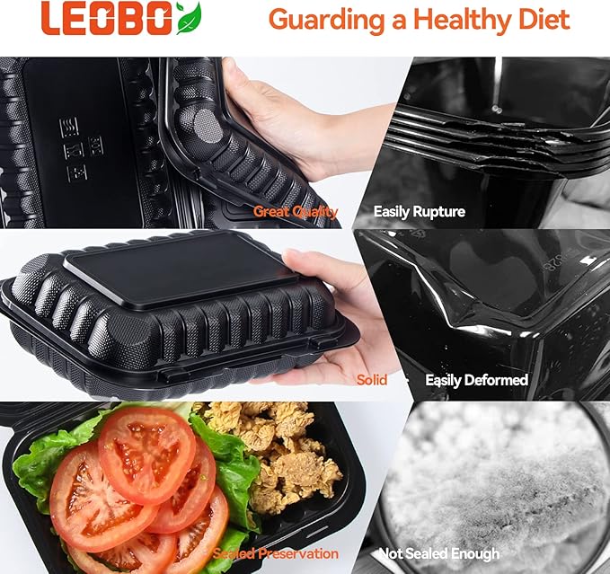 LEOBOX To Go Containers, BPA-Free Plastic Take Out Boxes with Lids 50-Pack 27oz Black MFPP Reusable Meal Prep Container for Food Storage, Hinged Clamshell Design for To-Go Lunch Salad Breakfast