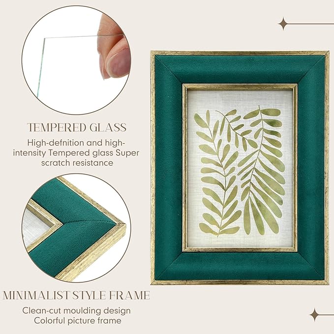 Kathfly 1 Pcs Green Velvet Picture Frame 5 x 7 Inch Vintage Photo Frame with Gold Metal Edge Horizontal & Vertical Mount for Poster Artwork Puzzles Tabletop Wall Display Christmas Home Office Decor