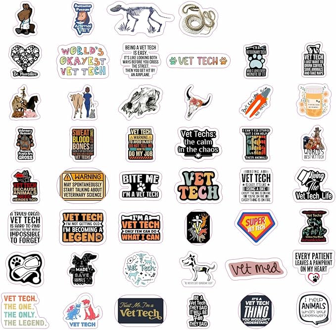 BulbaCraft 100Pcs Funny Vet Tech Stickers, Veterinary Technician Decals - Vet Tech Gifts Bulk, Veterinary Technician Present, Gifts for Women & Men