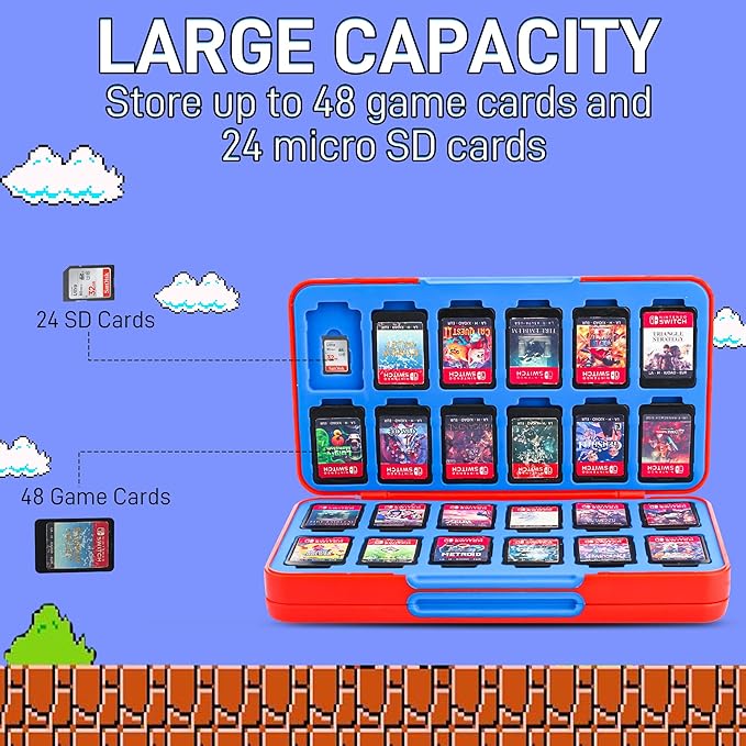 RHOTALL Game Card Case for Nintendo Switch/OLED/Lite/2 , Storage Card Box with 48 Game Cards Cartridge and 24 SD Cards Slots, Switch Games Holder with Magnetic Design - for red and blue