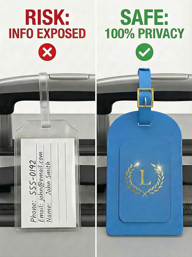 Luggage Tags for Suitcases 6 Pack PU Leather Travel Bag Tags with Privacy Cover & Stainless Steel Buckle, Vegan Leather Name ID Labels for Travel Bags, Cruise, Airline, Backpack, Baggage Identifier(L)