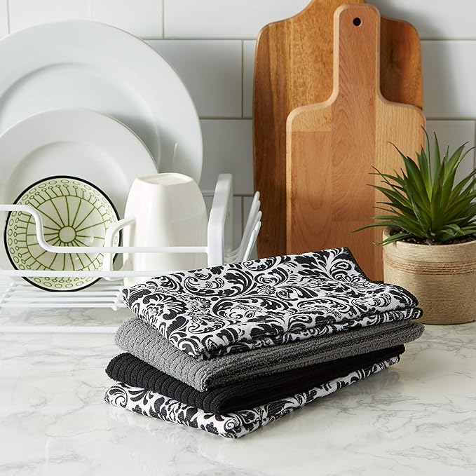DII Cleaning Collection Multi-Purpose Microfiber, Black Damask, Dishtowel Set