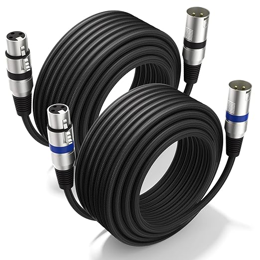 Professional 2 Pack 100FT XLR Cables, Noise Free and Long-lasting Braided XLR Microphone Cable, All Copper Conductors Balanced Male to Female Mic Cable for Studio Monitor, Mixer, DMX, Blue+Black