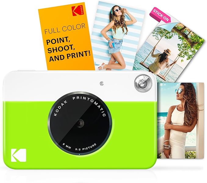 Kodak Printomatic Instant Camera (Green) All-in-Bundle + Zink Paper (20 Sheets) + Deluxe Case + Photo Album + 7 Sticker Sets + Markers + Scissors and More