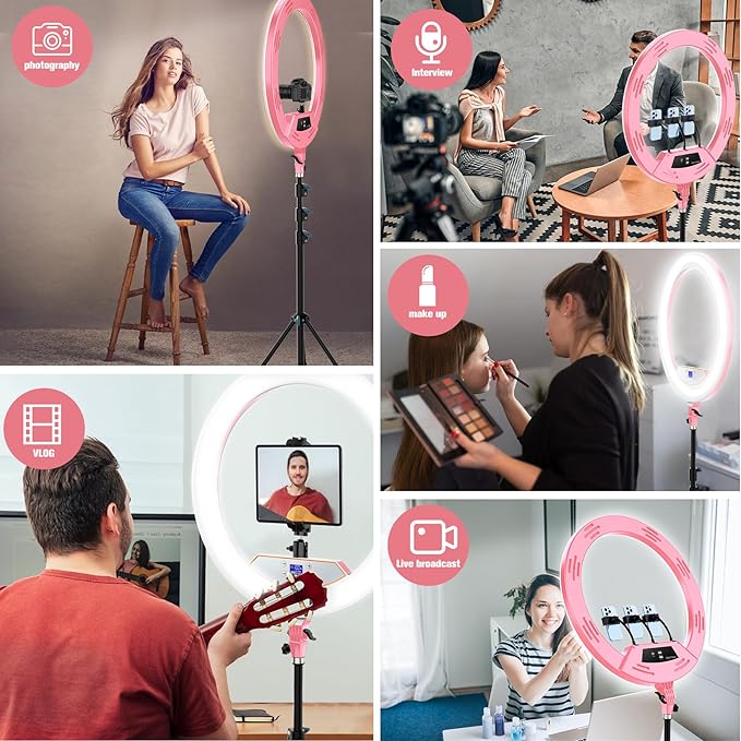 22"Ring Light with Stand,Ring Light Tripod for iPhone ipad,with 75"Tripod/LCD Display/4 ipad iPhone Clips/2 USB Ports,2600K-6500K Color Temperature,for Barber Makeup Tattoo TikTok Video Recording Vlog