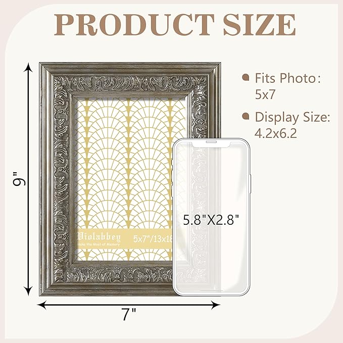 VIOLABBEY 5x7 Silver Picture Frame, Vintage Photo Frames Ornate without Mat for Tabletop or Wall Hanging