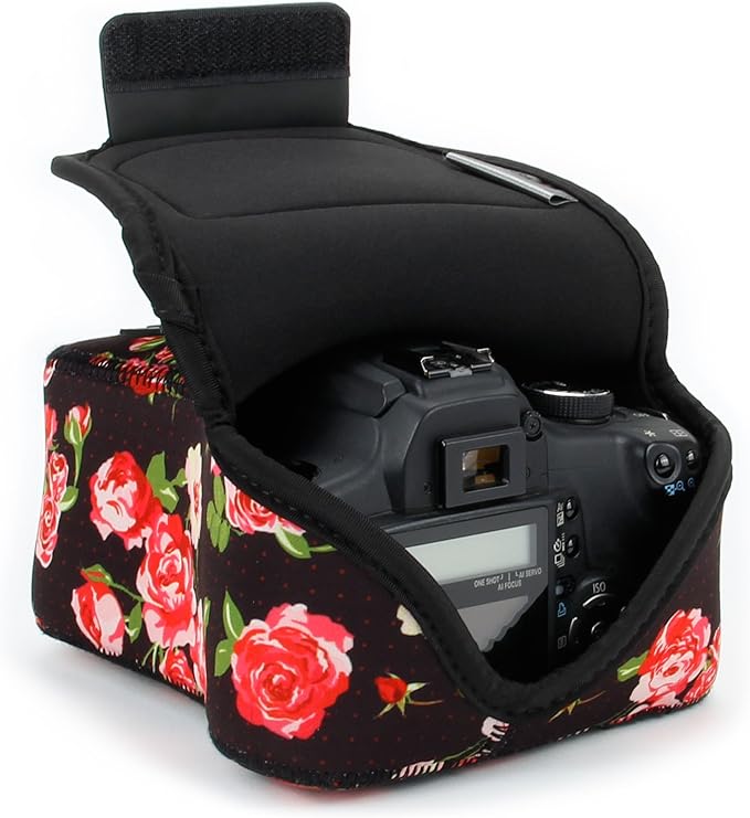 USA Gear Camera Sleeve (Medium) for Compact SLRs Compatible with Canon EOS R100 Nikon Z30 Sony ZV-E10, and more - Padded Neoprene DSLR Case with Zipper Accessory Pocket & Belt Loop (Floral)