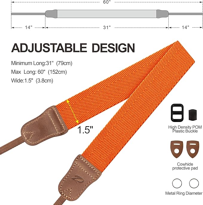 Padwa Lifestyle Orange Camera Strap - 1.5" Double Layer Crazy Horse Cowhide Ends Camera Straps for Photographers,Universal Adjustable Pure Cotton Woven Neck Shoulder Strap for Cameras and Binoculars